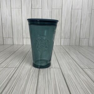 Starbucks Spain Recycled Glass 16 oz Cold Cup Tumbler Blue Teal Lid No Straw